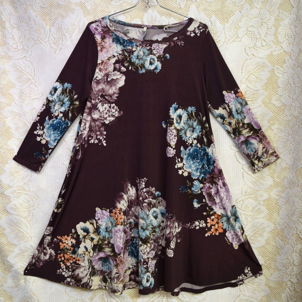 Bellamie Womens Floral Print Long Sleeve Swing Shift Short Dress Sz L Stretchy